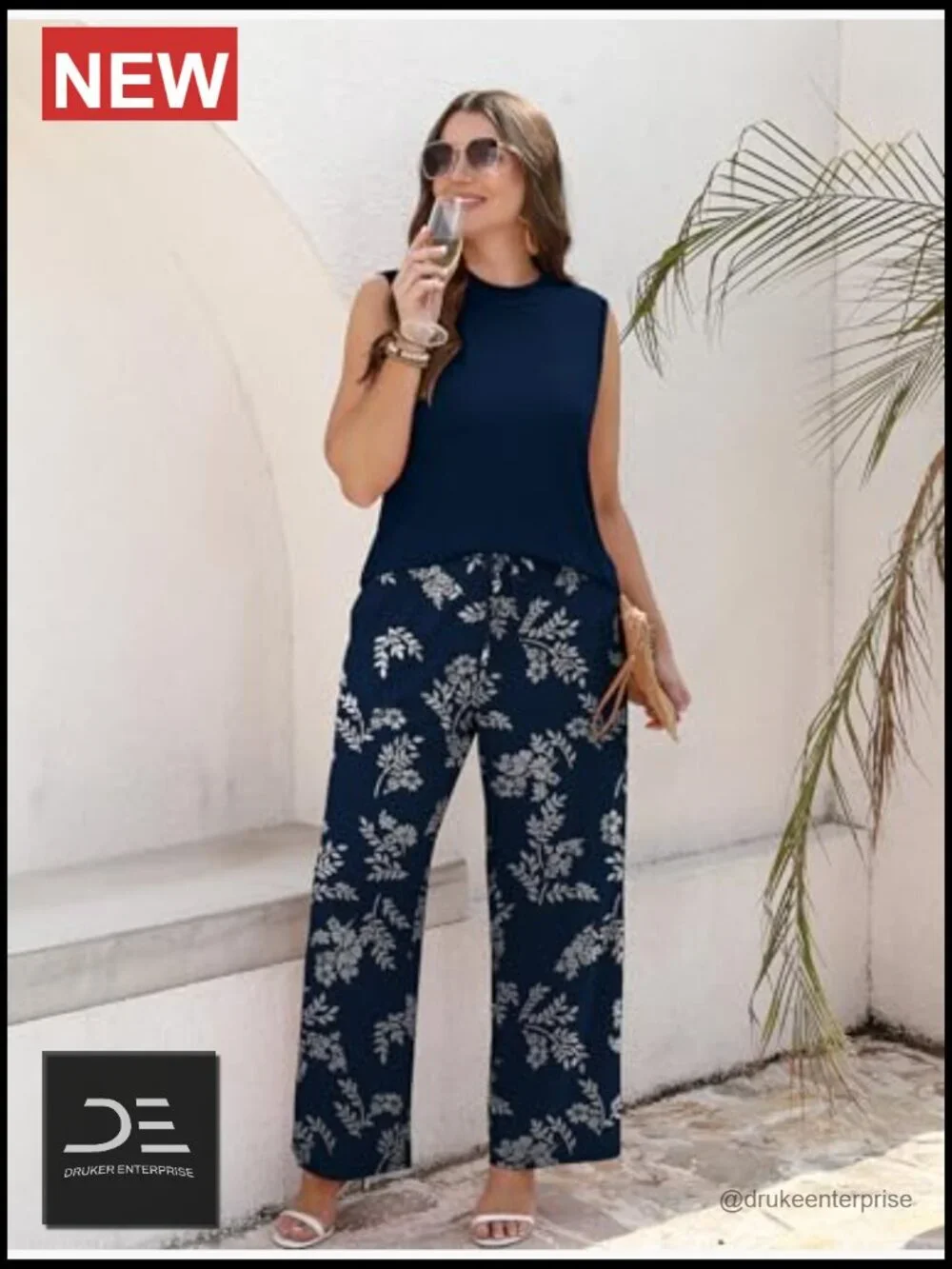 Two Piece Set Mock Neck Sleeveless Top Wide Leg Pants Set Travel Outfit